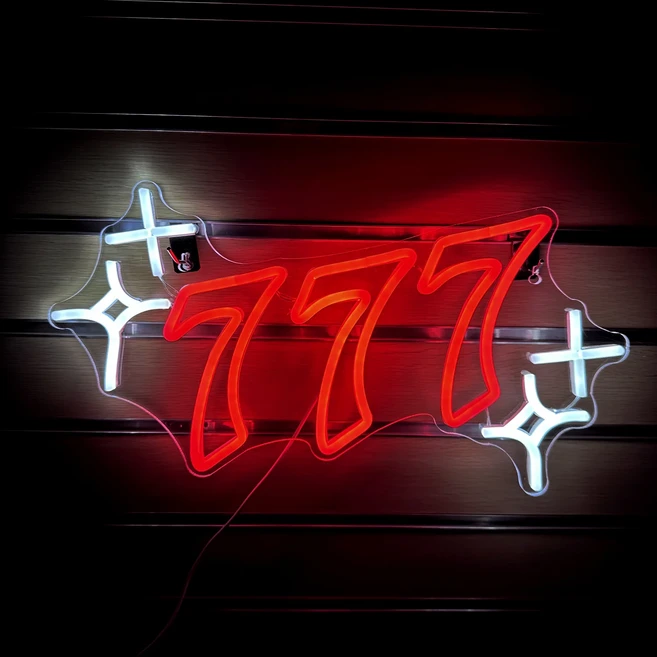 Ineonlife 럭키 넘버 7 네온 라이트 카지노 맞춤형 LED 바 파티 룸 게임 벽 장식 성스러운 가지 발광 잭팟, USB, red 42X28cm