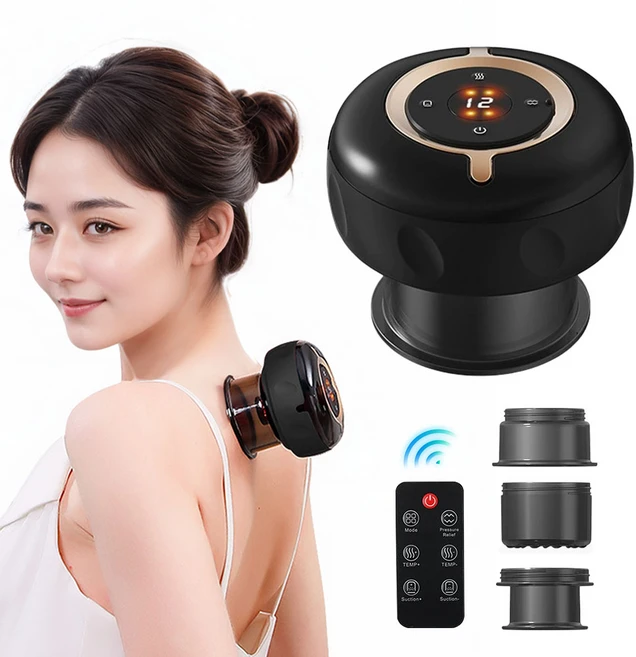 smabat 신형 스마트 괄사 마사지기 흡착식 전신 목 어깨 안마기 12단계 흡입력 온열 리모컨 캡 3개 교체, 블랙 - 쿠팡