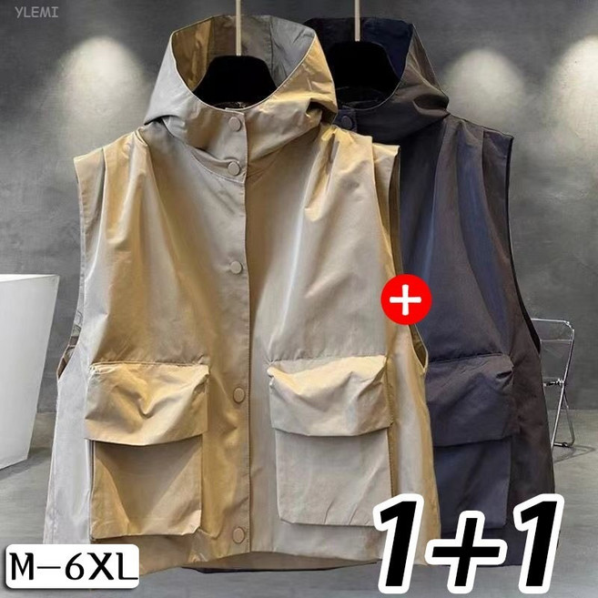 YLEMI 1/1+1 여름 남녀공용 후드 조끼 빅사이즈 민소매 후드티 빅포켓 후드 베스트 가디건 자켓 2장 세트