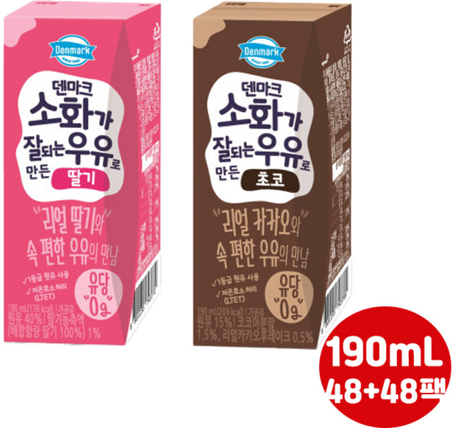동원 덴마크 190mL 소화가 잘되는 우유로만든 락토프리 딸기우유48+초코우유48/총96팩/무배, 96개