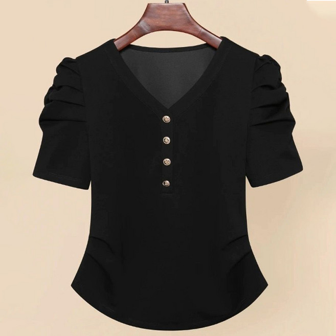 지고다그 여성 여름용 브이넥 반팔 티셔츠 셔링 퍼프소매 단추 포인트 슬림핏 상의 YY30380