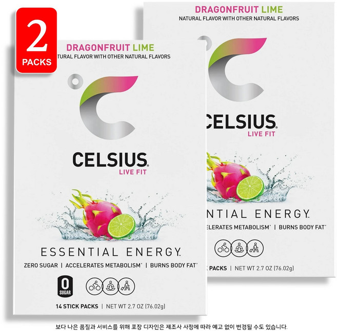 Celsius 셀시어스 온더고 에너지 파우더 무설탕 드래곤푸르트 라임 14스틱, 2개, 76.02g