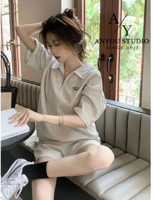 ANYOU 여성 여름 트레이닝 세트 셔츠 티셔츠 반팔 상의 반바지 루즈핏 캐주얼 세트