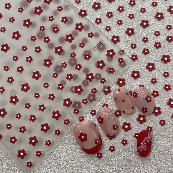 키라데이 미니 데이지 플라워 네일스티커, 1개, 레드