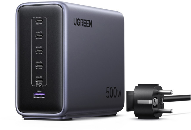 UGREEN 유그린 500W GaN 고속 충전 스테이션 6포트 데스크탑 접지형 멀티충전기 단일 포트 최대240W 지능형 온도 제어 공간 절약형 디자인 아이폰 17 시리즈 호환, 1개, Gray