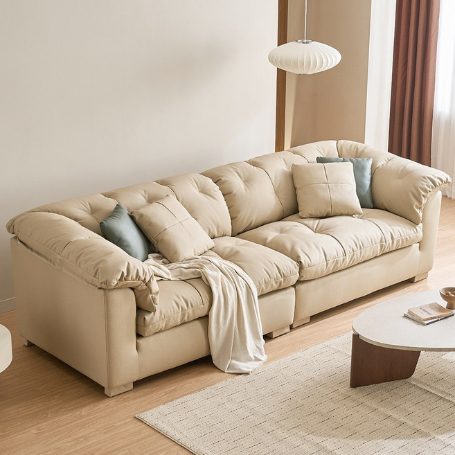 클라우드 프리미엄 천연 가죽 4인용 소파, 베이지