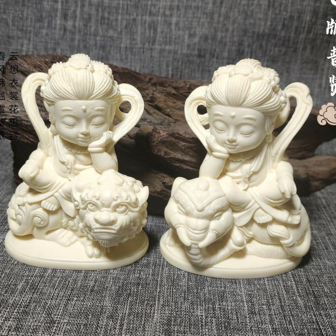 貝貝 Q版象牙果西方三聖 文殊普賢菩薩佛像擺件 禪意小沙彌擺飾 蓮花臺擺件, Q版文殊 普賢一套