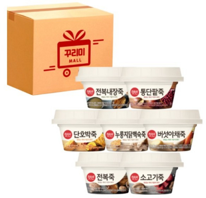 [꾸리미] 용기죽 세트(전복죽 소고기죽 누룽지닭백숙죽 버섯야채죽 통단팥죽 단호박죽 전복내장죽), 1세트, 267g