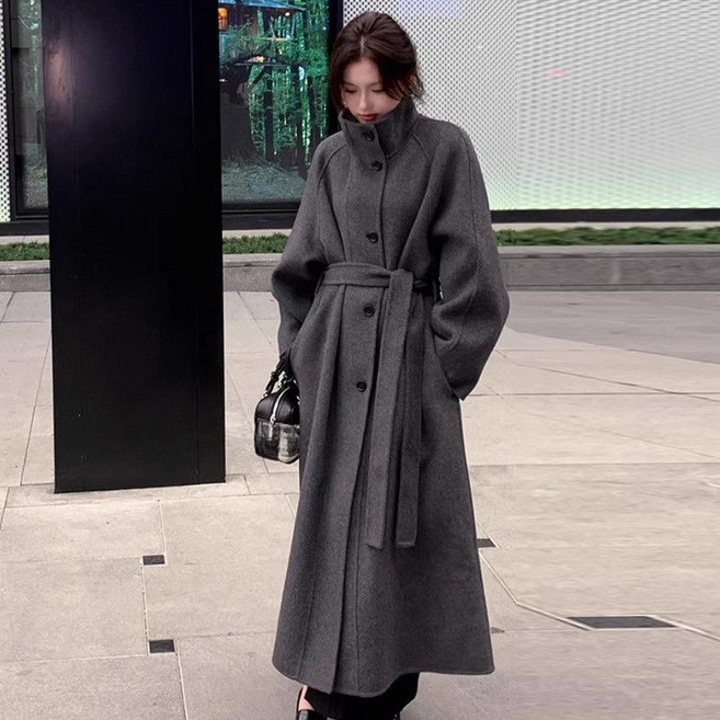 COSYEVNO 여자 모직 코트 겨울 정장 넥 심플 벨트 버튼 롱 스웨이드 코트 CXJdy-15