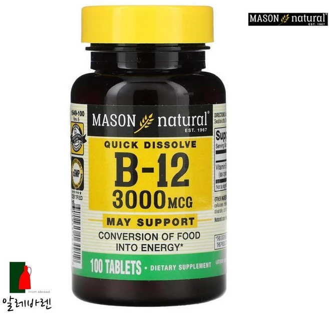 Mason Natural 비타민B12 3000mcg 100정 단백질 글루텐프리, 1개 - 쿠팡