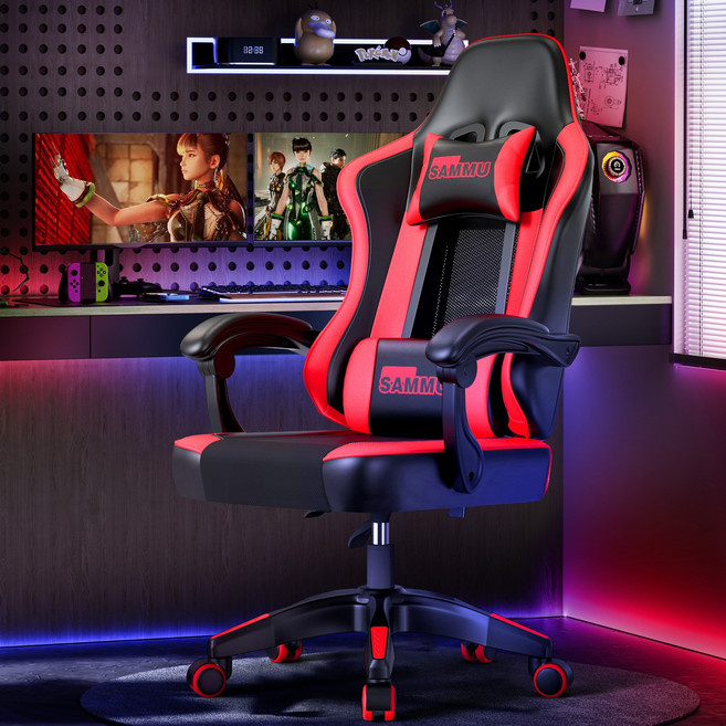 SAMMU 게이밍의자 통기성 메쉬 쿨링 등받이 좌판 면적 UP 각도 높이 조절 가능 pc방의자 사무용 의자, 블랙레드(메시백)