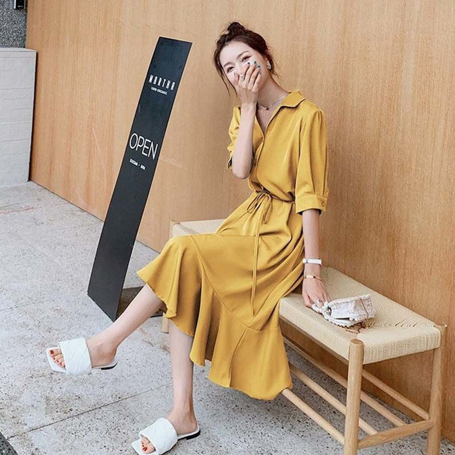 비아이와이 여성 여름 심플 브이넥 솔리드 반팔원피스 DH633