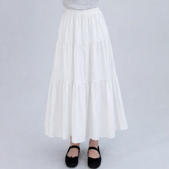 안나 3단 셔링 캉캉 안감 밴딩 플레어 롱 스커트