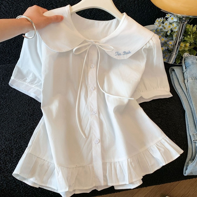 娃娃領刺繡荷葉邊襯衫