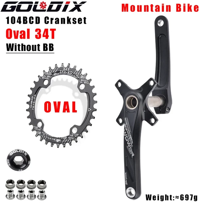 GOLDIX 104BCD 넓고 원형/타원형 170/175MM 좁은 체인 링 32T/34T/36T/38T 자전거 크랭크, 175mm, Crank BB Oval 34T
