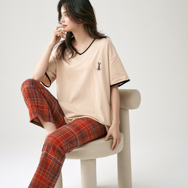 여성 캐주얼 베이직 봄여름 우븐 실내복 반팔 탑 체크 롱 바지 파자마 세트 2 피스