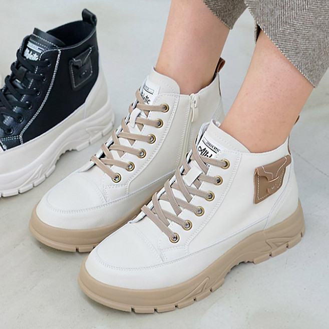 스타슈 여성 천연소가죽 키높이 4cm 하이탑 통굽 스니커즈 지퍼 발목 운동화