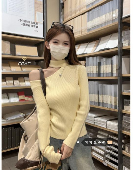 秋冬新款針織衫 女 時尚設計 斜領露肩長袖上衣
