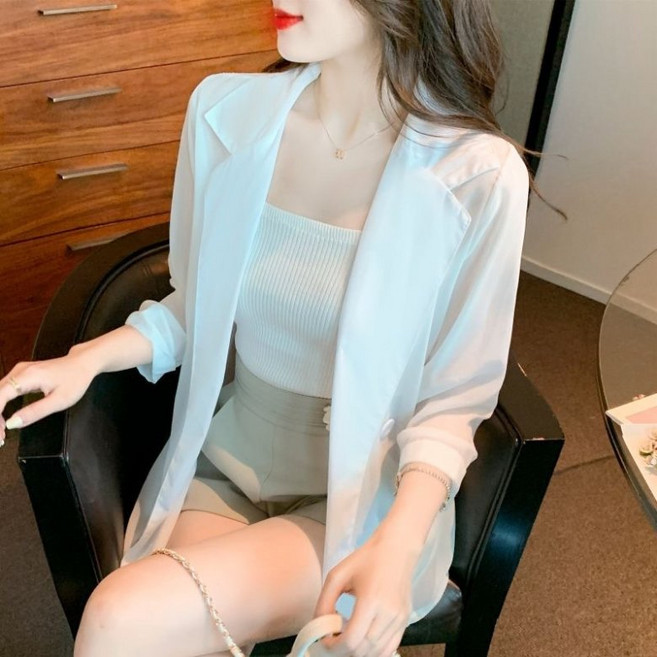 PEROLA 여성 여름 정장 래쉬가드 코트 카라넥 쉬폰 카디건 캐주얼 패션 얇은 숏 정장 자켓