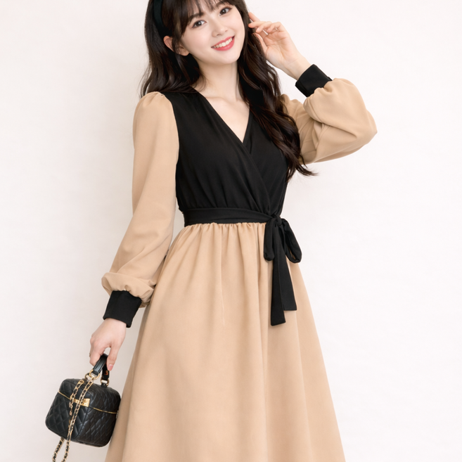 여성 빅사이즈 캐주얼 패션 데일리 브이넥카라 롱원피스 긴팔 봄 가을