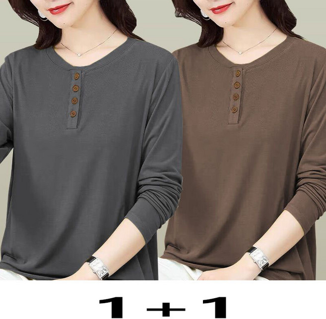 1+1 중년 여성 긴팔 티셔츠 봄 가을 캐주얼 엄마 긴팔티 루즈핏 심플 라운드 상의 WXY