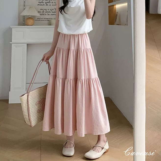 Cavensi 鬆緊腰蛋糕長裙 S-2XL 三色入 有內襯不透光