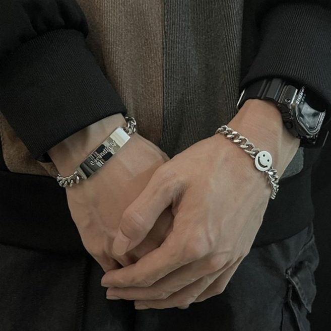 닉스텐 남녀공용 스마일 사각 변색없는 티타늄 포인트 체인팔찌 1+1