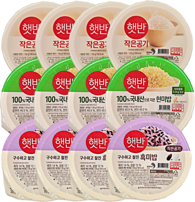CJ 햇반 작은공기 3종 세트 100%현미밥+흑미밥+백미 혼합 구성, 12개, 130g