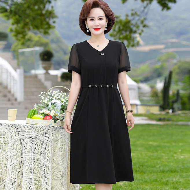 삼제태전 여름 여성용 빅사이즈 반팔 쉬폰 원피스 중장년 여성 옷 패셔너블한 엄마 옷