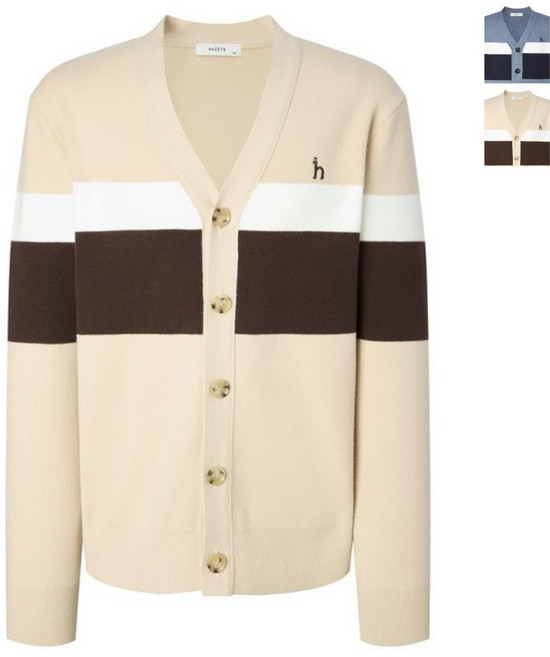 헤지스 맨 컬러 배색 울 혼방 가디건 남성 의류 니트 카디건