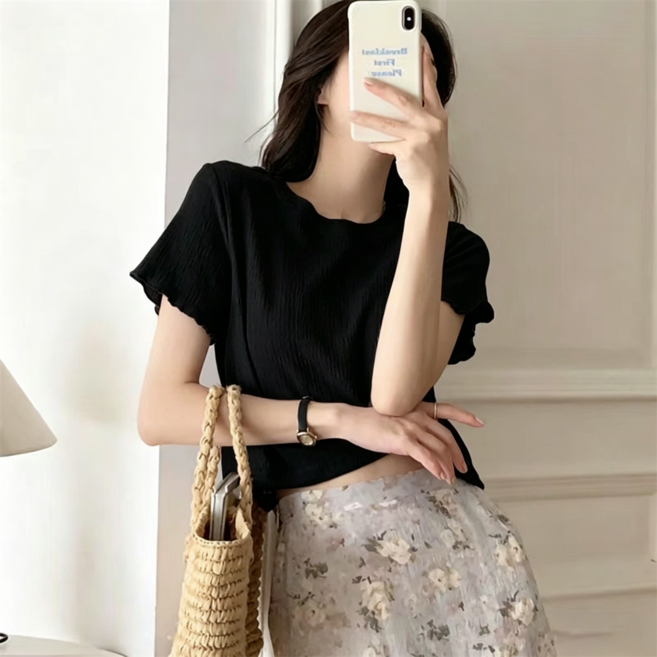 VEZRI 여성 여름 주름 디자인 숏 기장 라운드넥 반팔 티셔츠 텍스처 소재 캐주얼