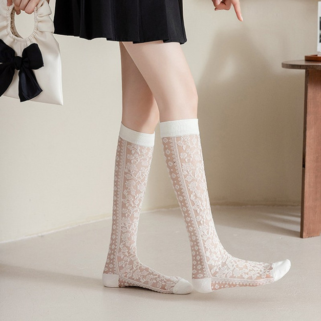 러블리 시스루 레이스 니삭스 꽃무늬 망사 장목 긴양말