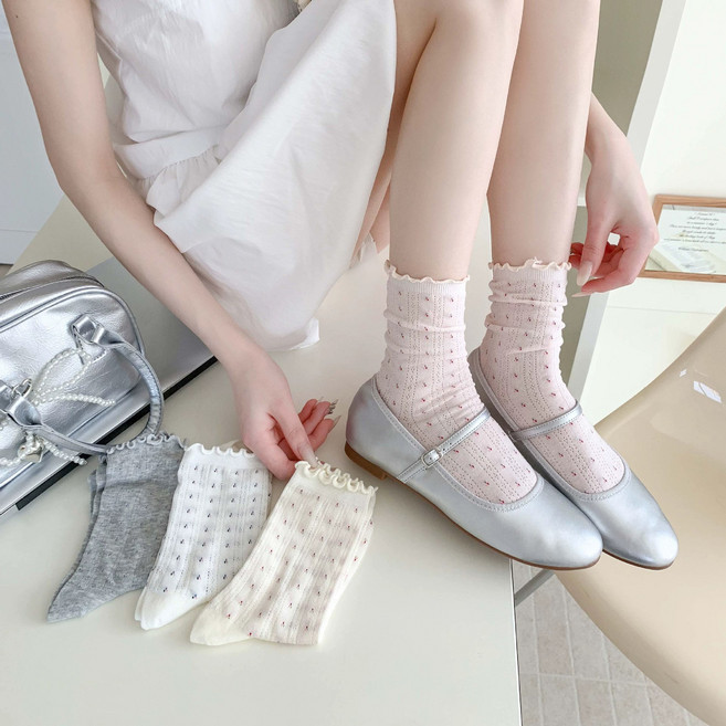 비지블비 냉감 시스루 프릴 도트 중목 양말