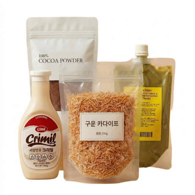 오브쿠킹 두바이초코 빙수 재료 키트, 1세트, 피스타치오 스프레드+코코아 파우더+구운 카다이프+연유