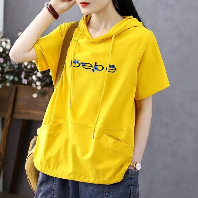 ROYALBELLE 여성 루즈핏 레터링 프린트 캐주얼 데일리 반팔 포켓 후드 티셔츠 B06031032