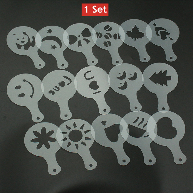 16pcs 커피 스텐실 멋진 인쇄 모델 거품 케이크 플라스틱 드로잉 카푸치노 금형 분말 체 도구, 02 1 SET, 1개