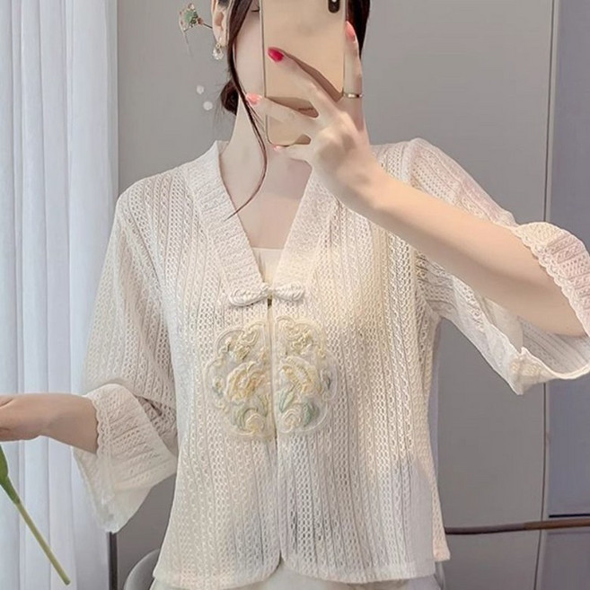 ORZQU 여름 가을 펀칭 니트 가디건 자수 얇은 케이프 상의 개량 한복