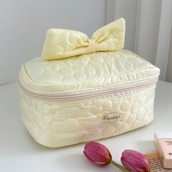 에브리테일 리본 손잡이 퀼팅 여행용 대형 화장품 파우치