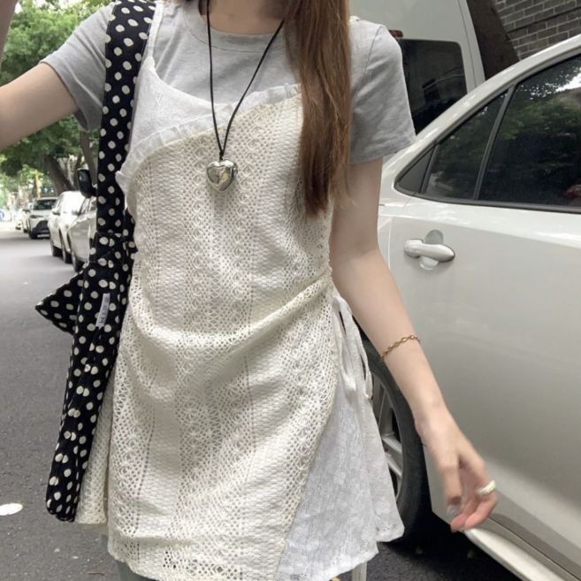 칩썬데이 여성 빈티지 펀칭 레이스 나시 원피스 레이어드 뷔스티에 티셔츠