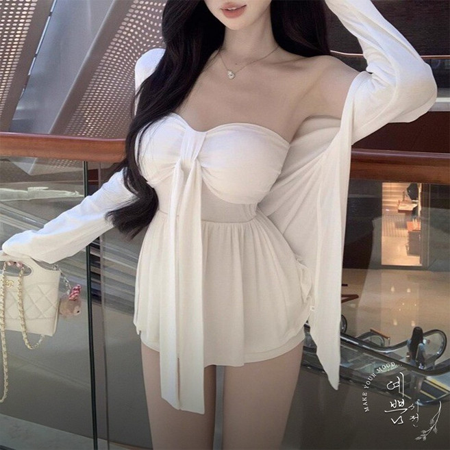 예쁨시전 [투피스] 캡내장 미끄럼방지 글램 셔링 튜브탑 플레어 가디건 세트