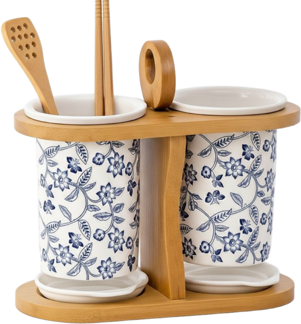 리온드 일본감성 고온제작 물빠짐 도자기 수저통 대나무거치대 세트, 풀, 1박스