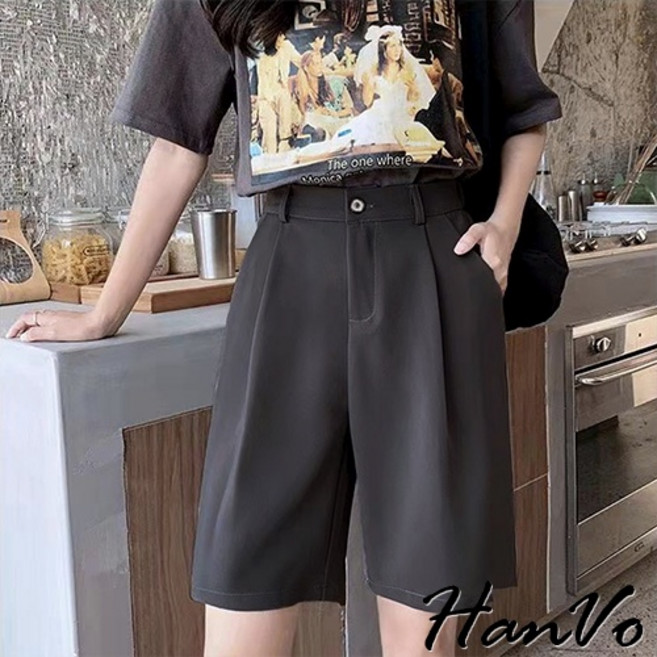 HanVo 質感後鬆緊五分西裝寬褲 高挑顯瘦 個性百搭韓系女裝