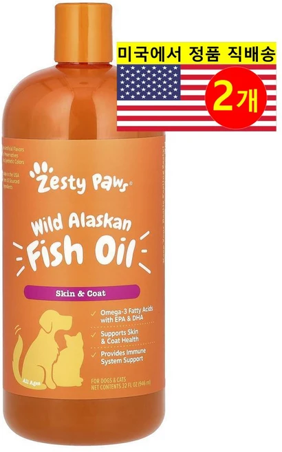 Zesty Paws 강아지 고양이용 스킨 코트 면역 체계 건강 관리 야생 알래스카산 생선 오일 946ml 1개, 2개 - 쿠팡