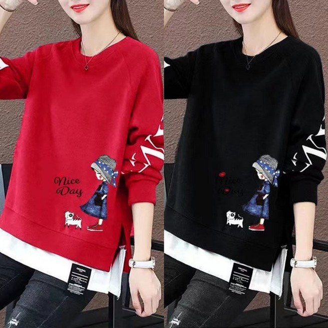 타임퓨어 1+1 여성 맨투맨 긴팔티셔츠 캐주얼 슬림핏 귀엽다 가짜 투피스 긴팔티 라운드 맨투맨상의 여성가을티 의류