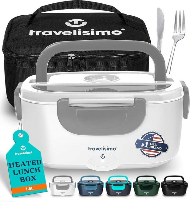 TRAVELISIMO 성인용 전기 런치 박스 100W 온열 런치 박스 남성용 1.5L 스테인리스 스틸 휴대용 푸드 워머 여행 및 업무용 12/24/110V Loncheras, Gray