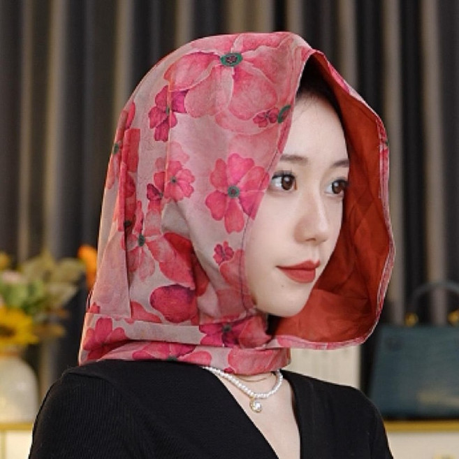 女士連帽防曬絲巾 春夏薄款百搭包頭圍巾 防曬披肩透氣旅遊頭巾 飄帶造型多功能頭巾帽 #粉色桃花 #均碼