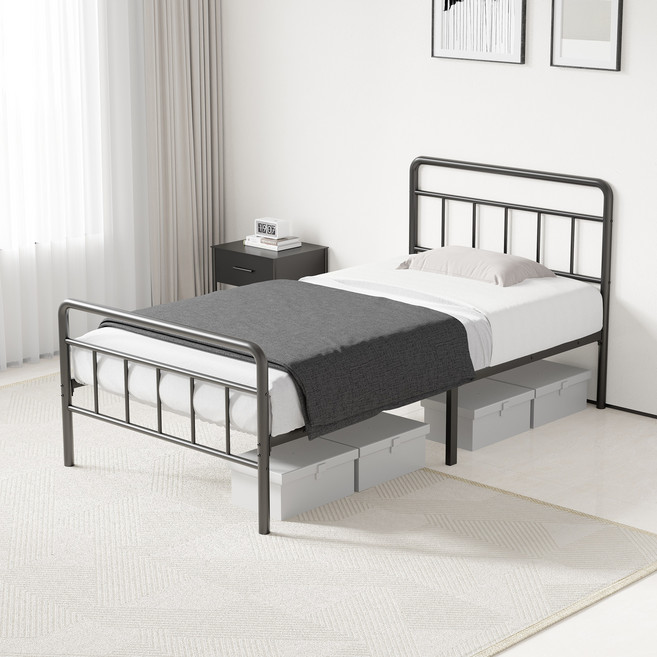 KURUA 빈티지 철제 침대 프레임 간편 조립 견고함, 블랙