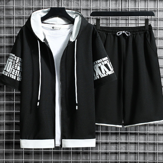 아로하스타일 캐주얼 남성 반팔 후드집업 밴딩 반바지 트레이닝 세트 HP1 홈웨어룩