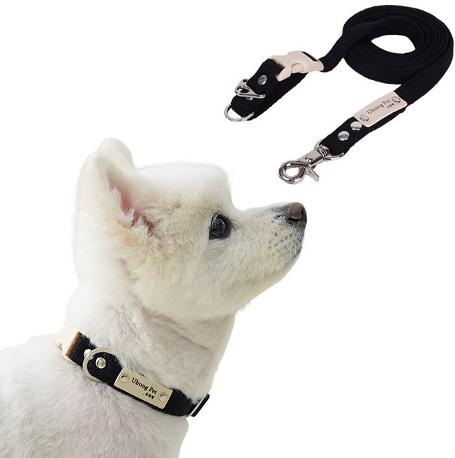 [패키지할인] [목줄 무료이름각인] 순면 강아지 고양이 목줄 + 핸즈프리 리드줄 세트, M (15mm), 20mm2.5M, 블랙, 1개