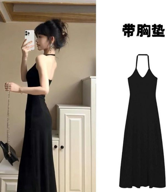 帶胸墊掛脖黑色長連衣裙, 1個, 黑色帶胸墊 高品質柔軟版L建議100-120斤